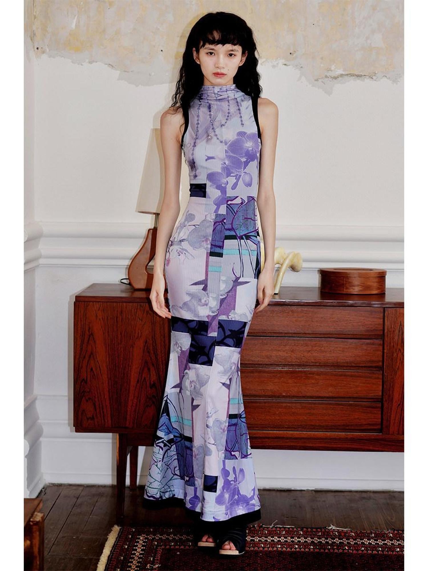badtaste Printed Hollowout Stand Collar Sleeveless Women's Bodycon Maxi Dresses
