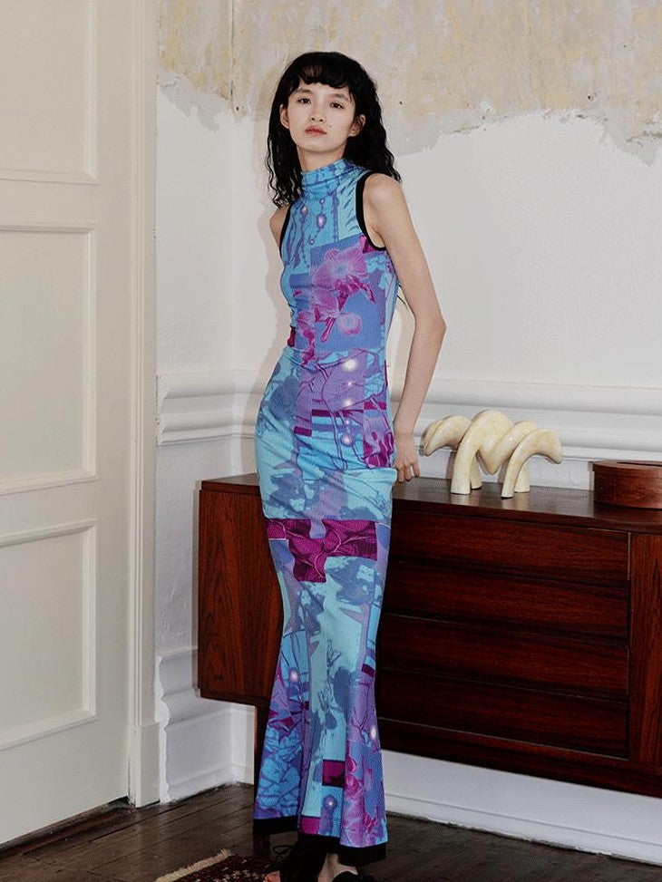 badtaste Printed Hollowout Stand Collar Sleeveless Women's Bodycon Maxi Dresses