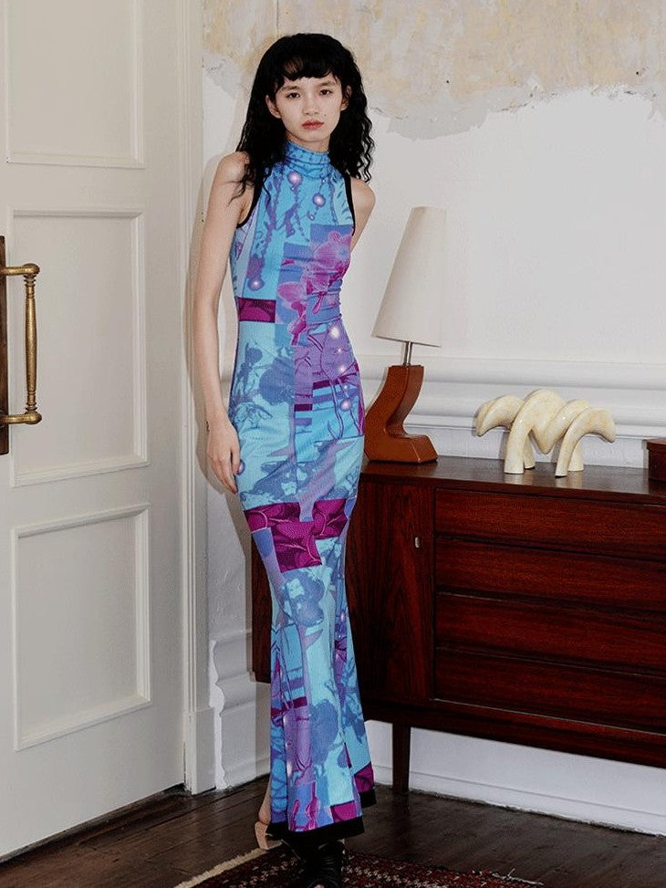 badtaste Printed Hollowout Stand Collar Sleeveless Women's Bodycon Maxi Dresses