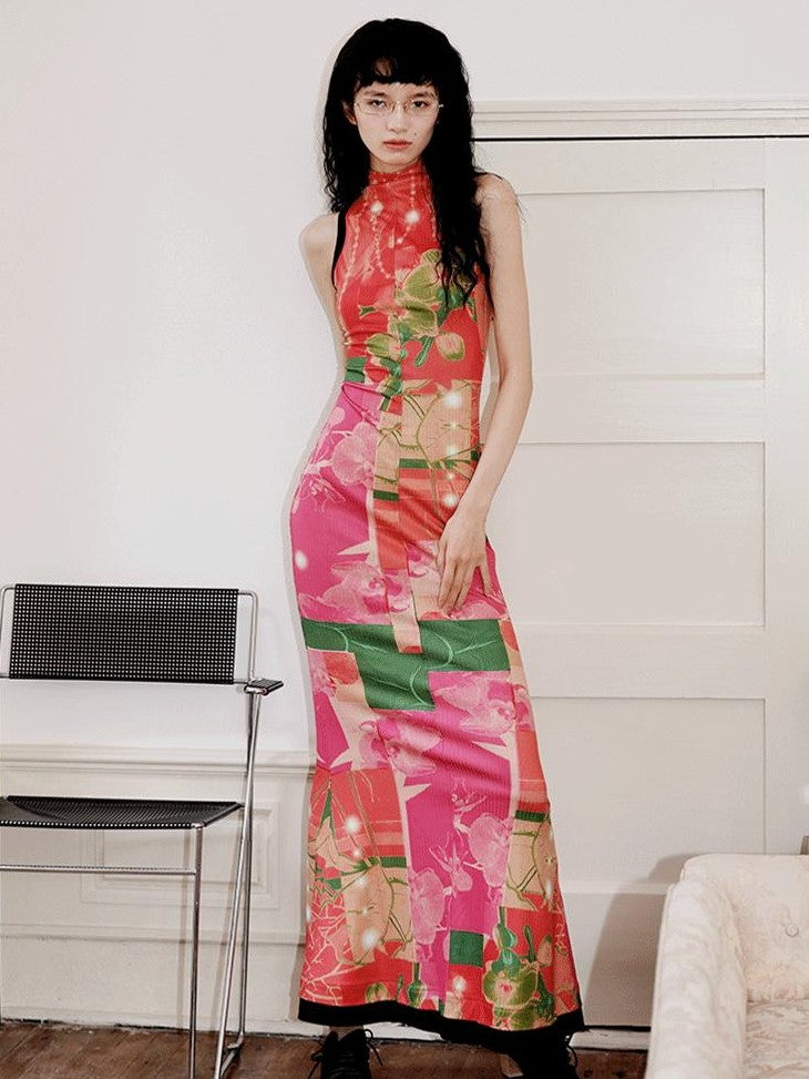 badtaste Printed Hollowout Stand Collar Sleeveless Women's Bodycon Maxi Dresses