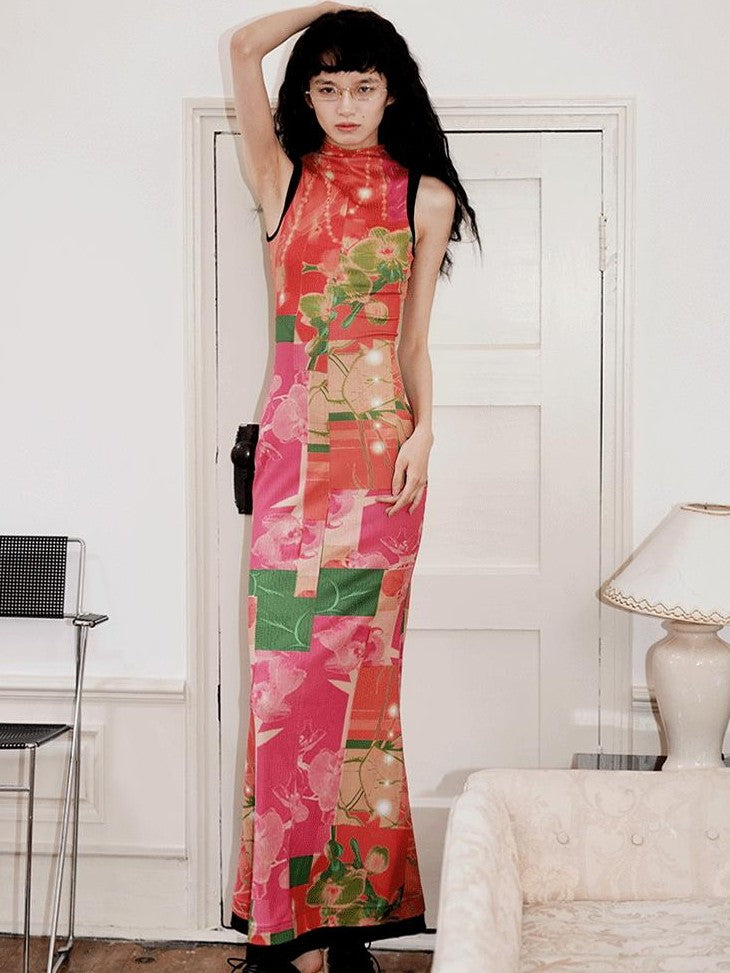 badtaste Printed Hollowout Stand Collar Sleeveless Women's Bodycon Maxi Dresses