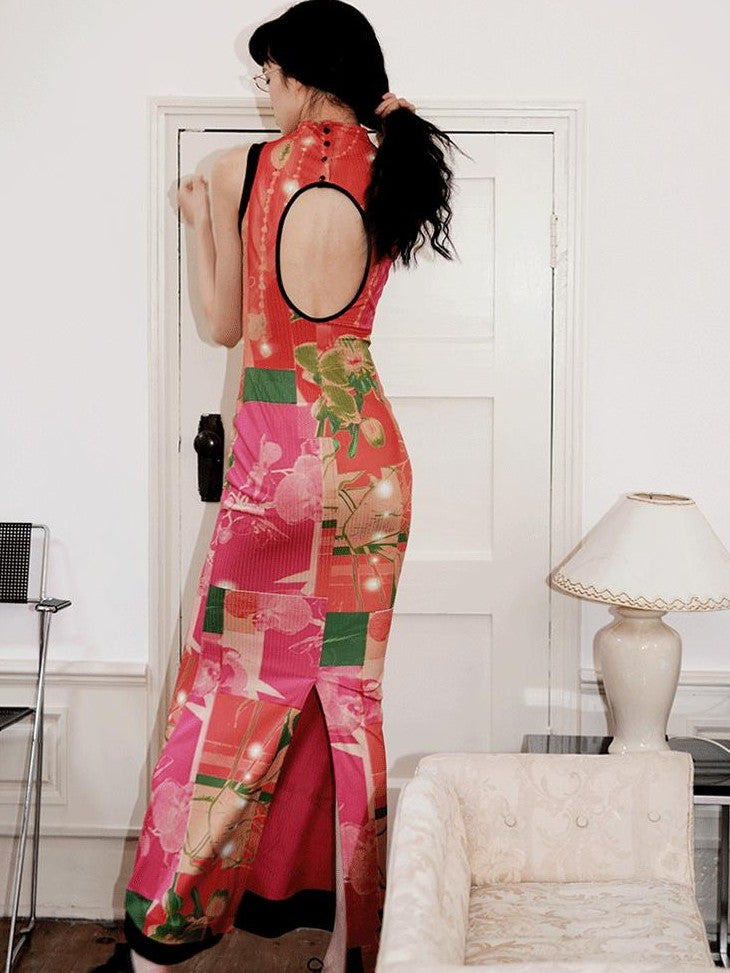 badtaste Printed Hollowout Stand Collar Sleeveless Women's Bodycon Maxi Dresses