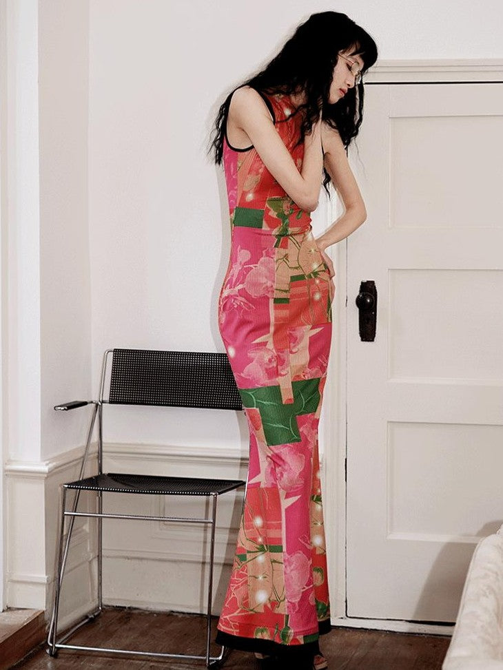 badtaste Printed Hollowout Stand Collar Sleeveless Women's Bodycon Maxi Dresses