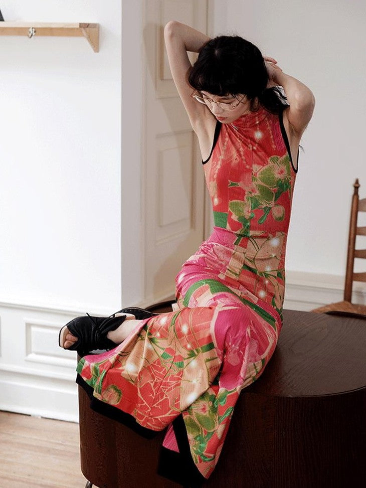 badtaste Printed Hollowout Stand Collar Sleeveless Women's Bodycon Maxi Dresses