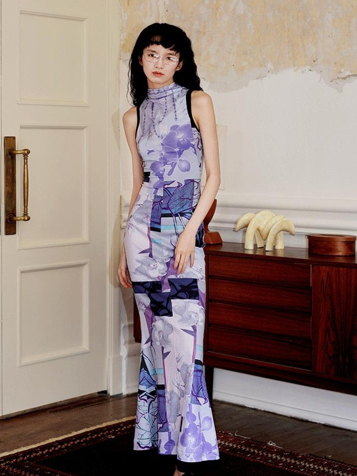 badtaste Printed Hollowout Stand Collar Sleeveless Women's Bodycon Maxi Dresses