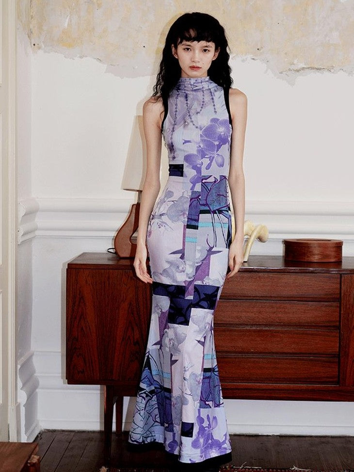 badtaste Printed Hollowout Stand Collar Sleeveless Women's Bodycon Maxi Dresses