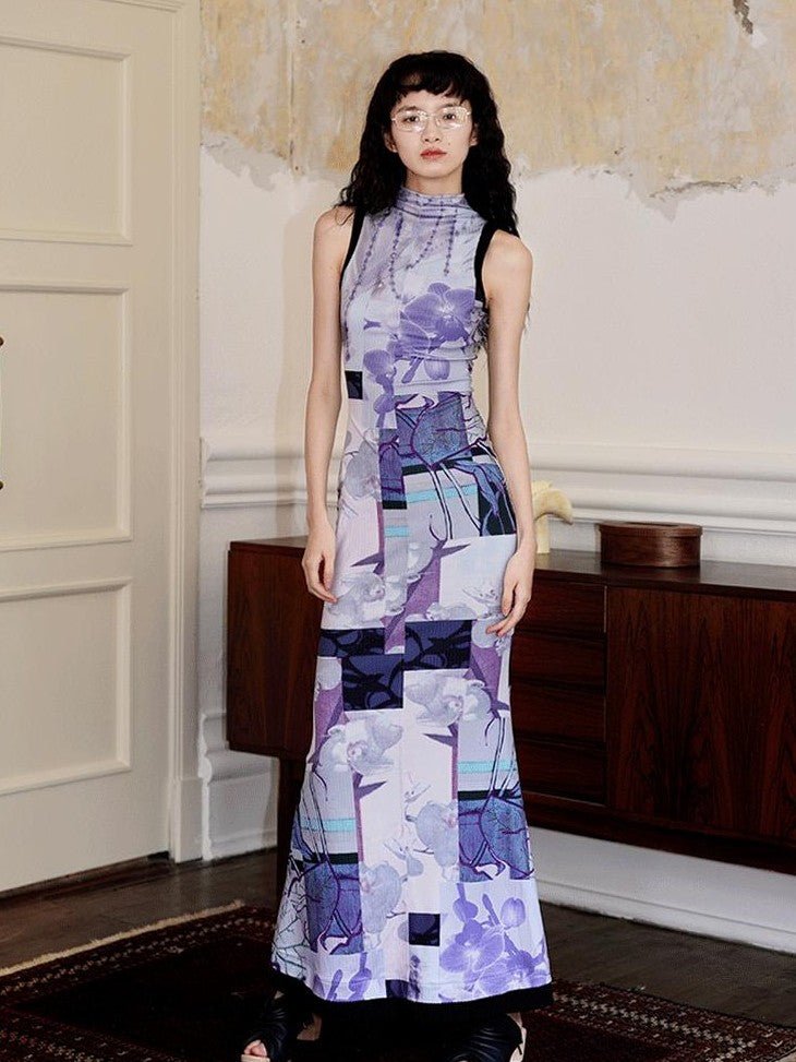 badtaste Printed Hollowout Stand Collar Sleeveless Women's Bodycon Maxi Dresses