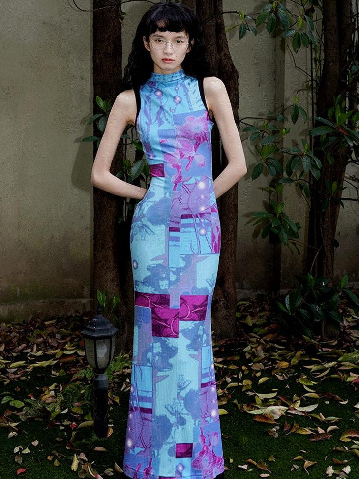 badtaste Printed Hollowout Stand Collar Sleeveless Women's Bodycon Maxi Dresses