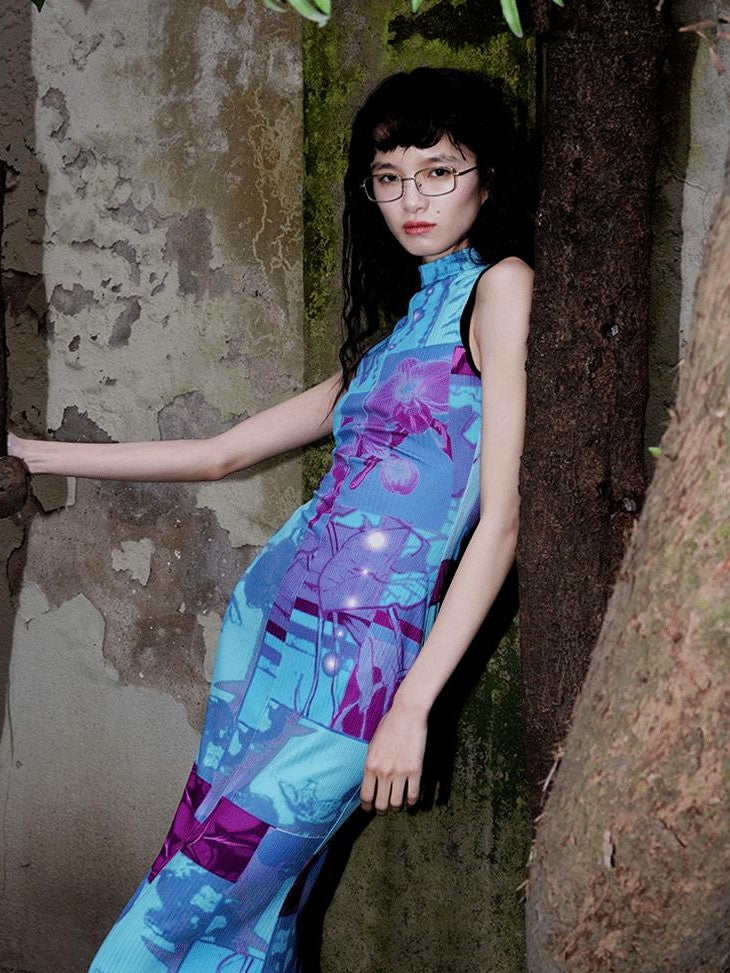 badtaste Printed Hollowout Stand Collar Sleeveless Women's Bodycon Maxi Dresses