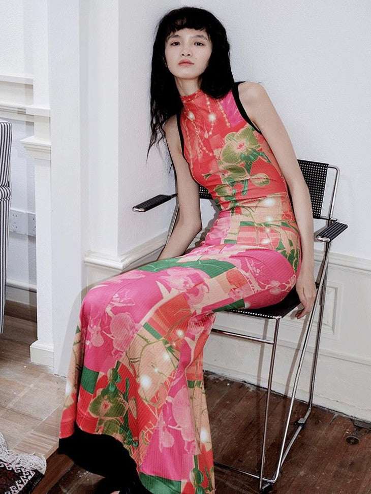 badtaste Printed Hollowout Stand Collar Sleeveless Women's Bodycon Maxi Dresses
