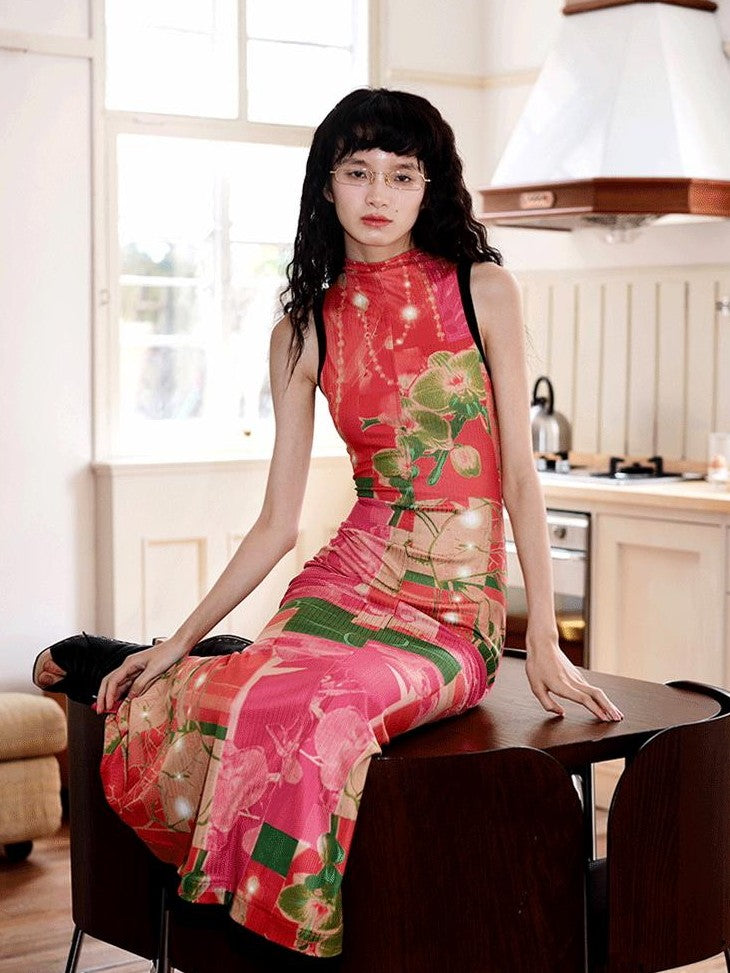 badtaste Printed Hollowout Stand Collar Sleeveless Women's Bodycon Maxi Dresses
