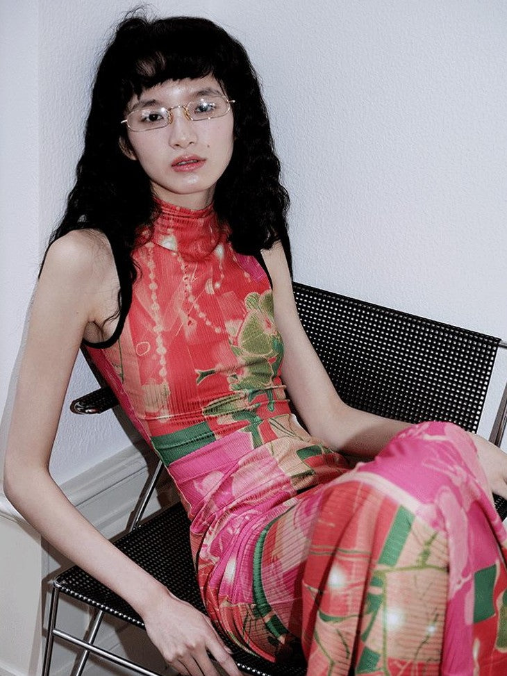 badtaste Printed Hollowout Stand Collar Sleeveless Women's Bodycon Maxi Dresses