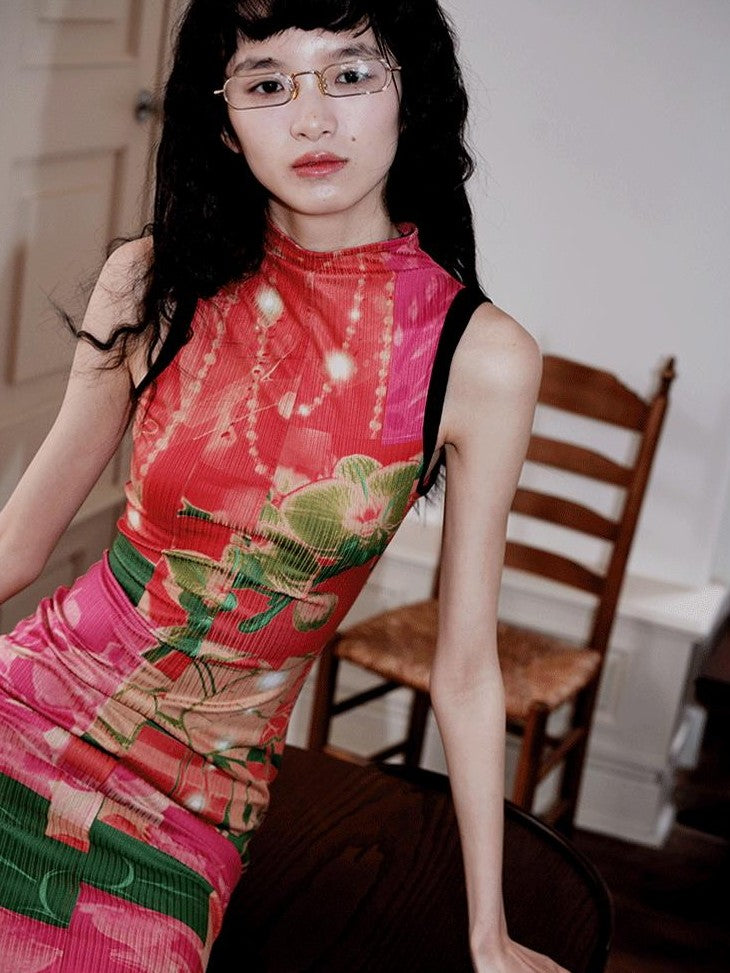 badtaste Printed Hollowout Stand Collar Sleeveless Women's Bodycon Maxi Dresses