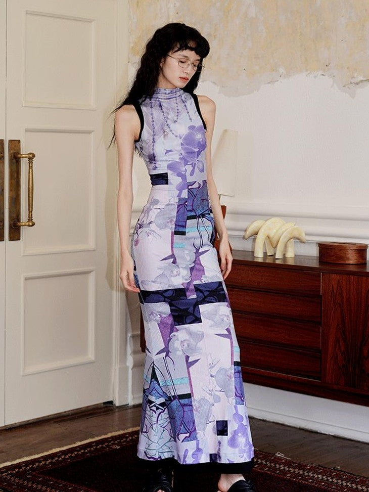 badtaste Printed Hollowout Stand Collar Sleeveless Women's Bodycon Maxi Dresses