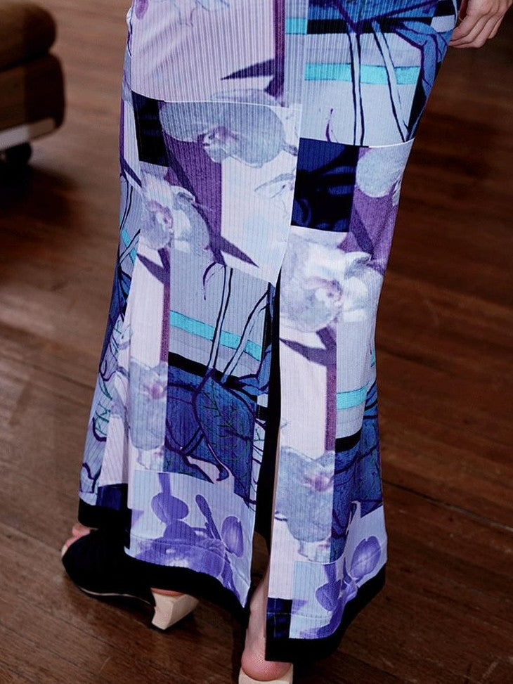 badtaste Printed Hollowout Stand Collar Sleeveless Women's Bodycon Maxi Dresses