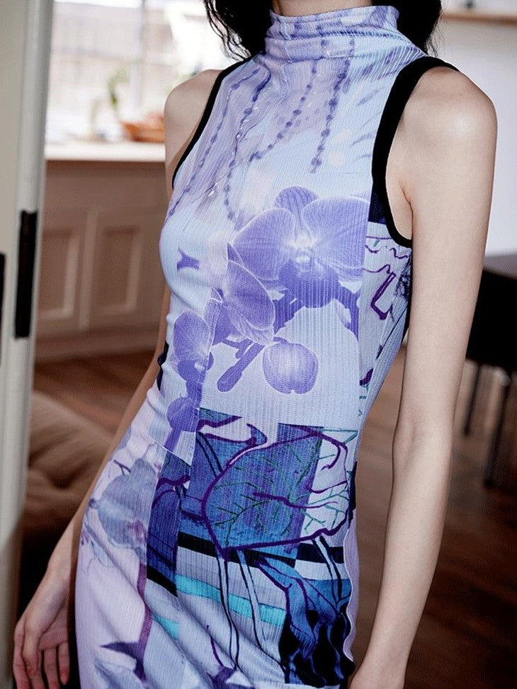 badtaste Printed Hollowout Stand Collar Sleeveless Women's Bodycon Maxi Dresses