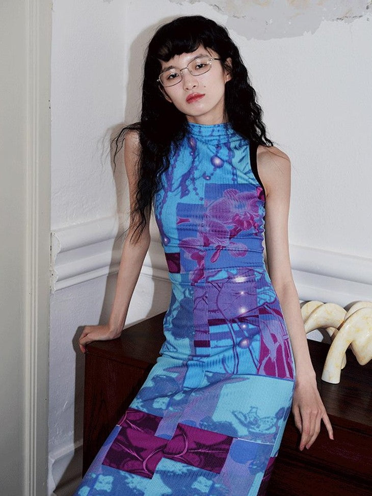 badtaste Printed Hollowout Stand Collar Sleeveless Women's Bodycon Maxi Dresses