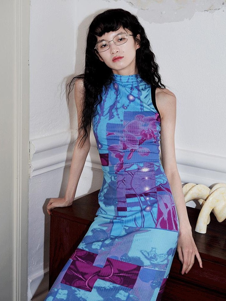 badtaste Printed Hollowout Stand Collar Sleeveless Women's Bodycon Maxi Dresses