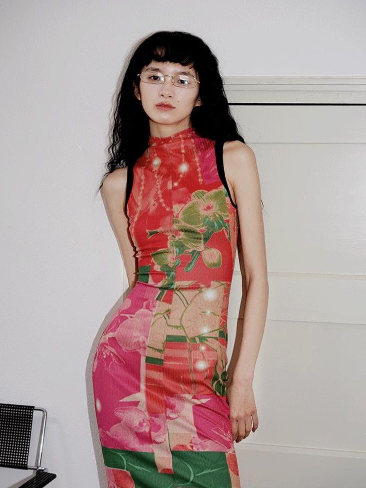 badtaste Printed Hollowout Stand Collar Sleeveless Women's Bodycon Maxi Dresses