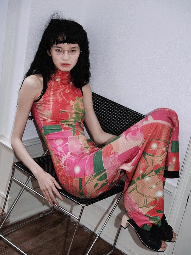 badtaste Printed Hollowout Stand Collar Sleeveless Women's Bodycon Maxi Dresses
