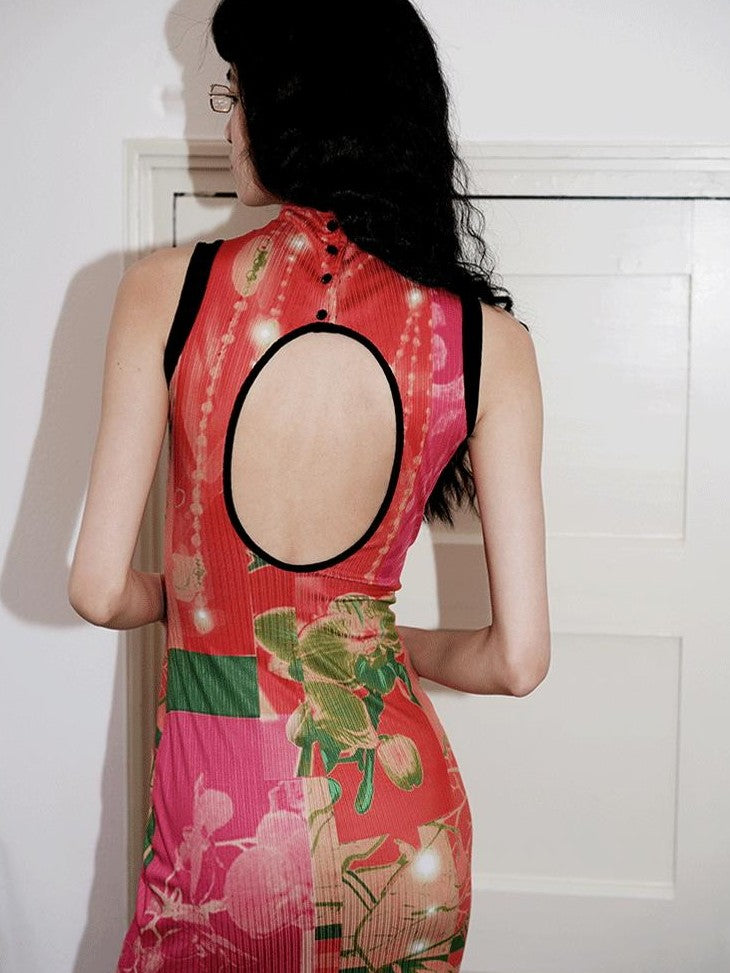 badtaste Printed Hollowout Stand Collar Sleeveless Women's Bodycon Maxi Dresses