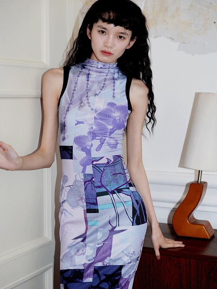 badtaste Printed Hollowout Stand Collar Sleeveless Women's Bodycon Maxi Dresses