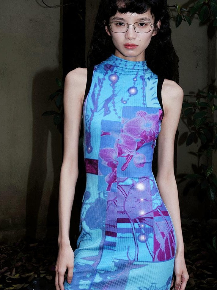 badtaste Printed Hollowout Stand Collar Sleeveless Women's Bodycon Maxi Dresses