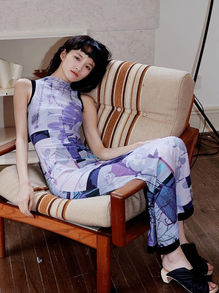 badtaste Printed Hollowout Stand Collar Sleeveless Women's Bodycon Maxi Dresses