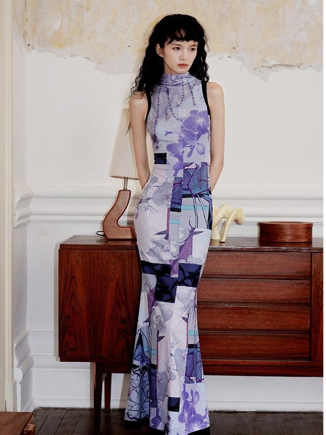 badtaste Printed Hollowout Stand Collar Sleeveless Women's Bodycon Maxi Dresses