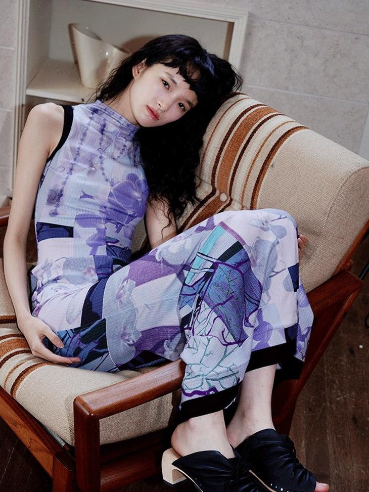 badtaste Printed Hollowout Stand Collar Sleeveless Women's Bodycon Maxi Dresses