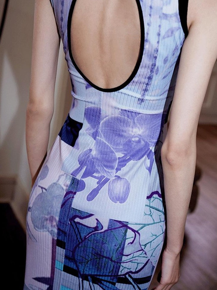 badtaste Printed Hollowout Stand Collar Sleeveless Women's Bodycon Maxi Dresses