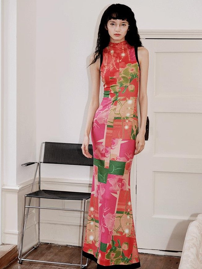 badtaste Printed Hollowout Stand Collar Sleeveless Women's Bodycon Maxi Dresses