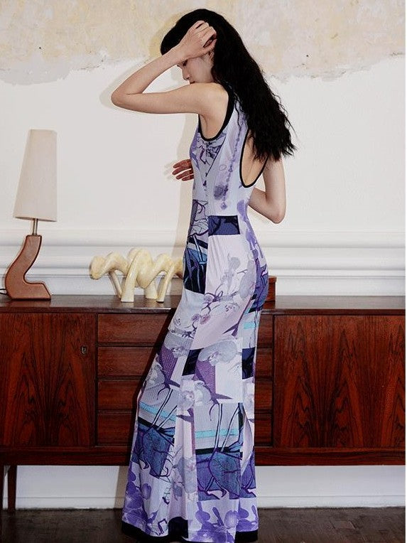 badtaste Printed Hollowout Stand Collar Sleeveless Women's Bodycon Maxi Dresses
