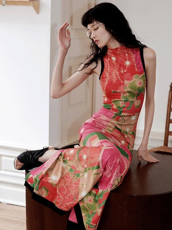 badtaste Printed Hollowout Stand Collar Sleeveless Women's Bodycon Maxi Dresses