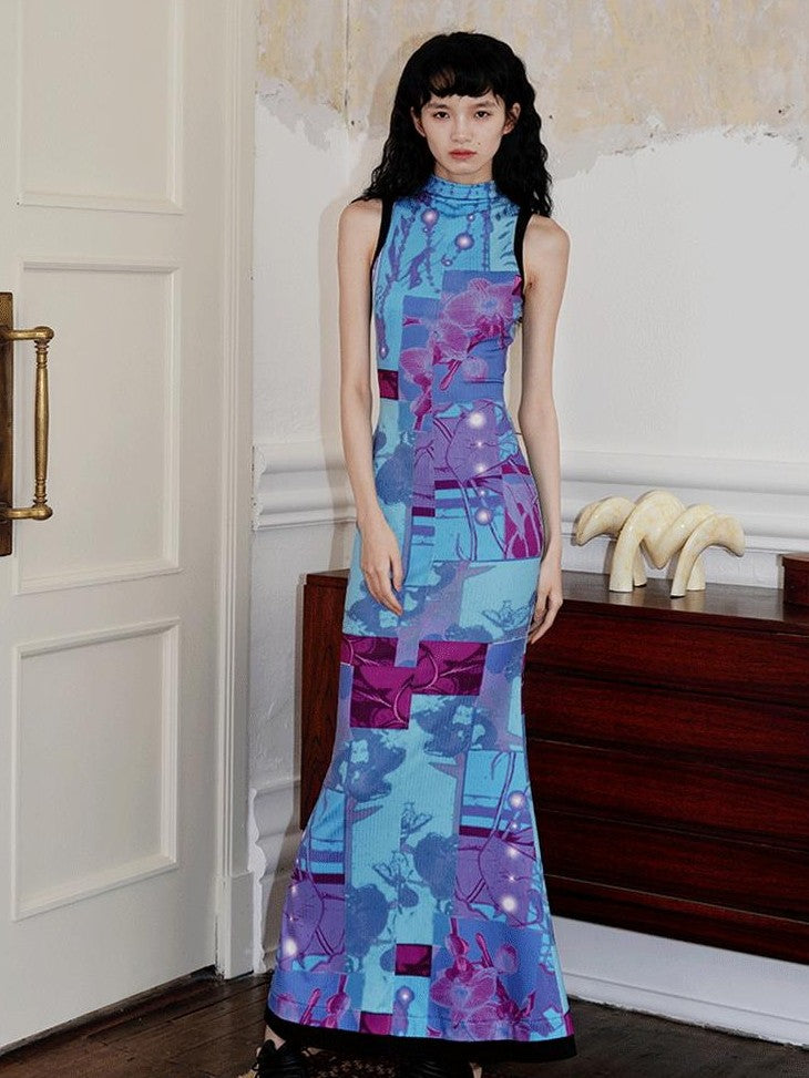 badtaste Printed Hollowout Stand Collar Sleeveless Women's Bodycon Maxi Dresses