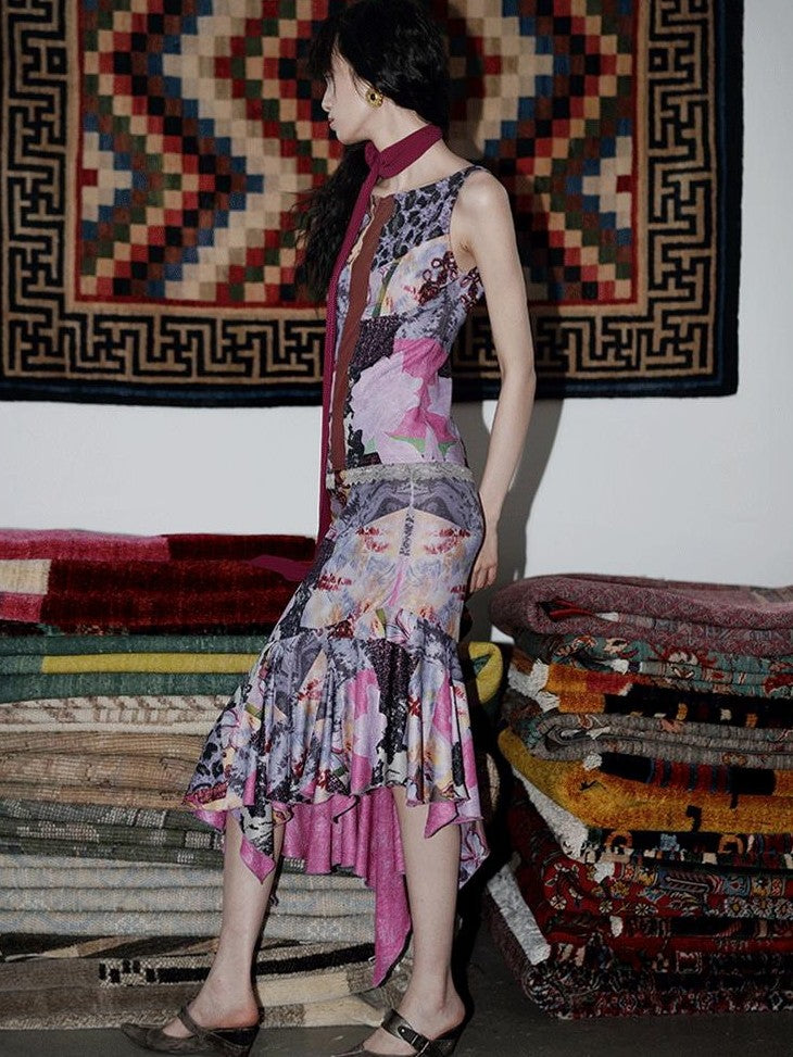 badtaste Printed New Chinese Patchwork Vest Women's Matching Skirt Sets