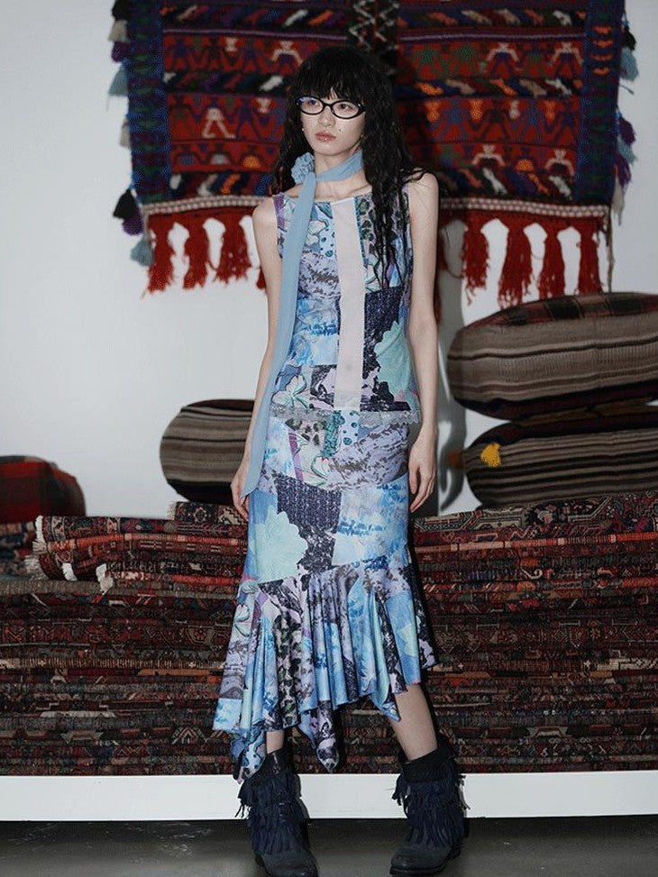 badtaste Printed New Chinese Patchwork Vest Women's Matching Skirt Sets