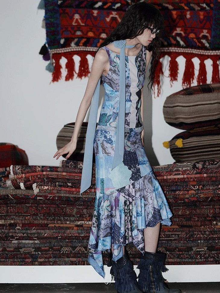 badtaste Printed New Chinese Patchwork Vest Women's Matching Skirt Sets