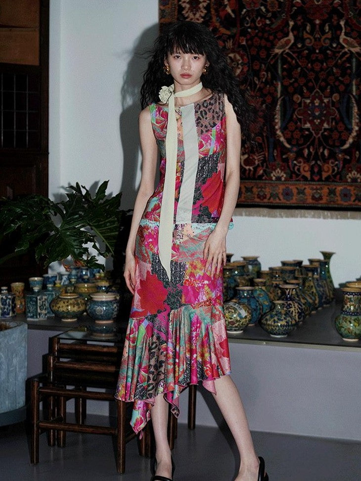 badtaste Printed New Chinese Patchwork Vest Women's Matching Skirt Sets