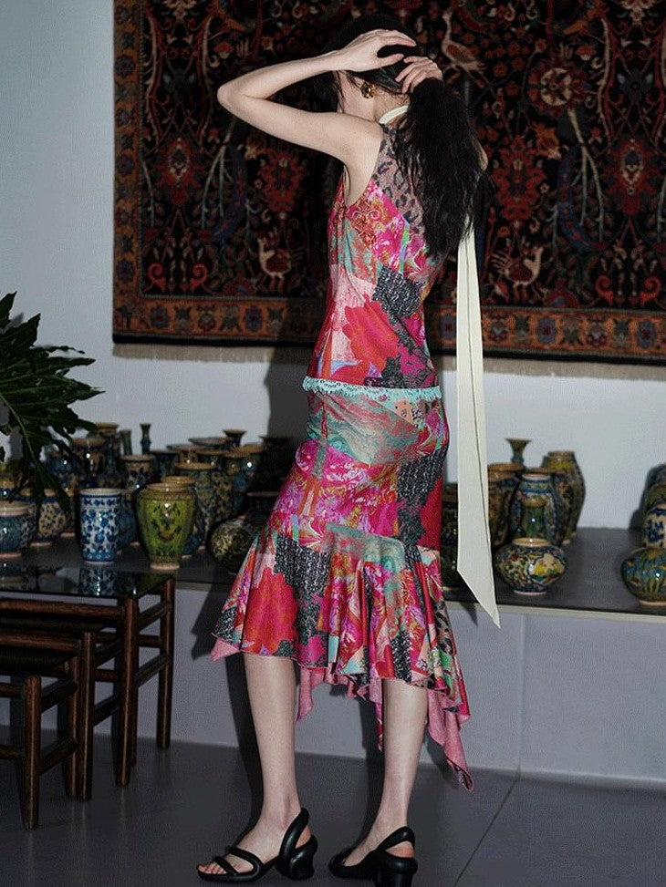 badtaste Printed New Chinese Patchwork Vest Women's Matching Skirt Sets