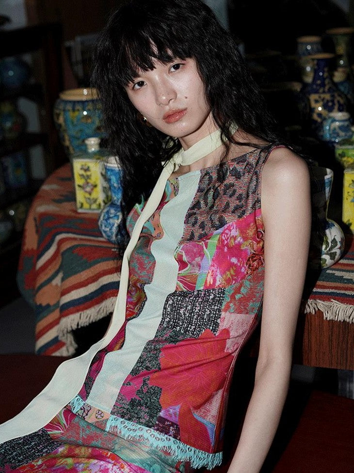 badtaste Printed New Chinese Patchwork Vest Women's Matching Skirt Sets
