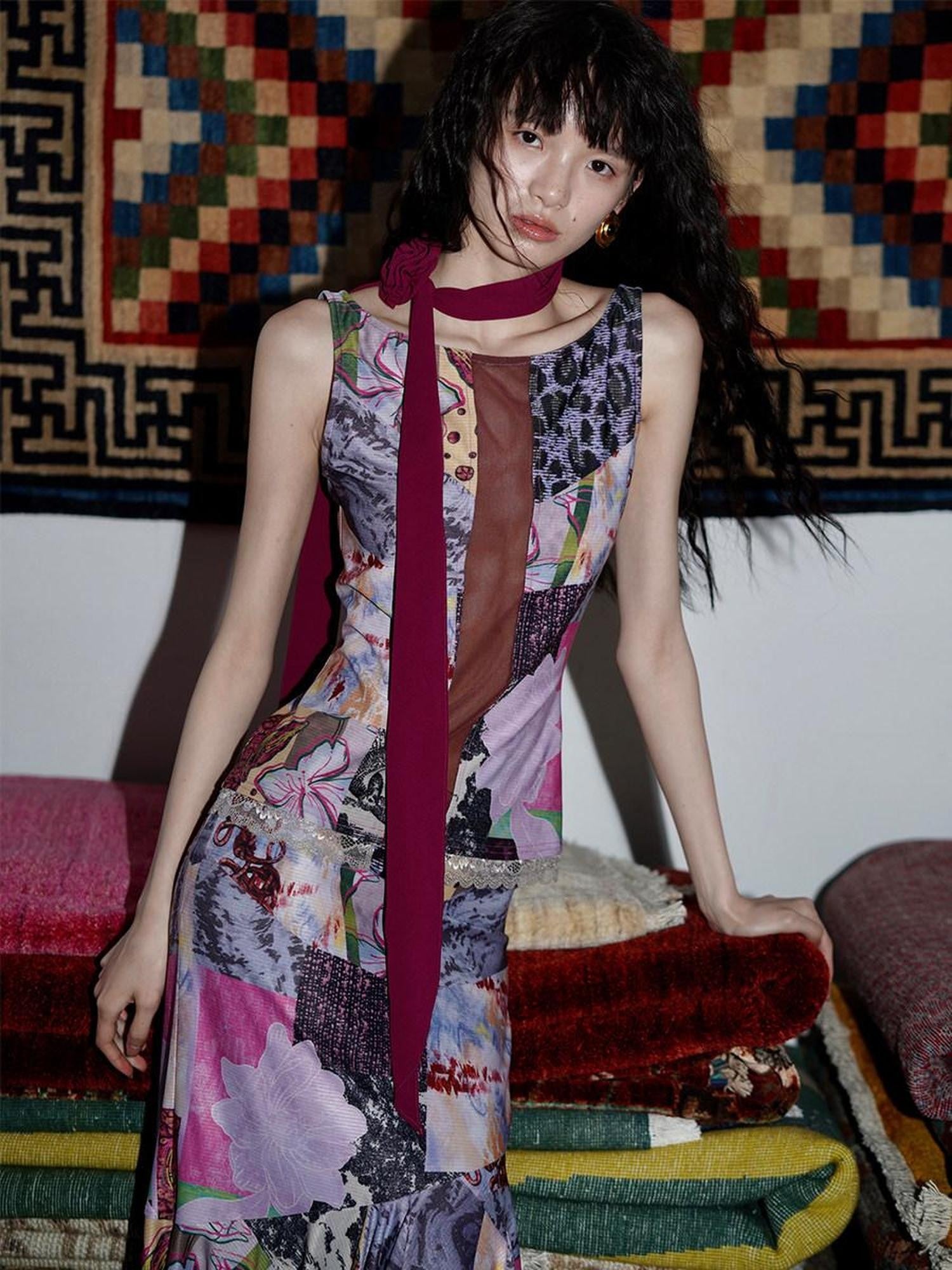 badtaste Printed New Chinese Patchwork Vest Women's Matching Skirt Sets