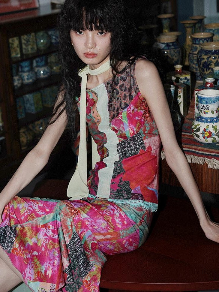 badtaste Printed New Chinese Patchwork Vest Women's Matching Skirt Sets