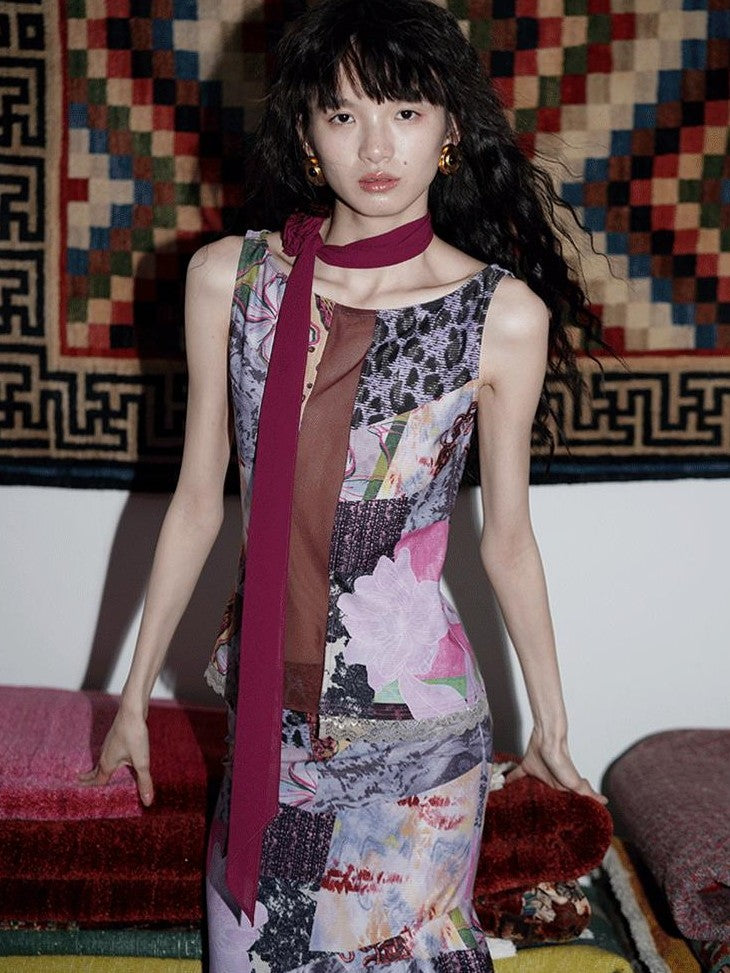 badtaste Printed New Chinese Patchwork Vest Women's Matching Skirt Sets