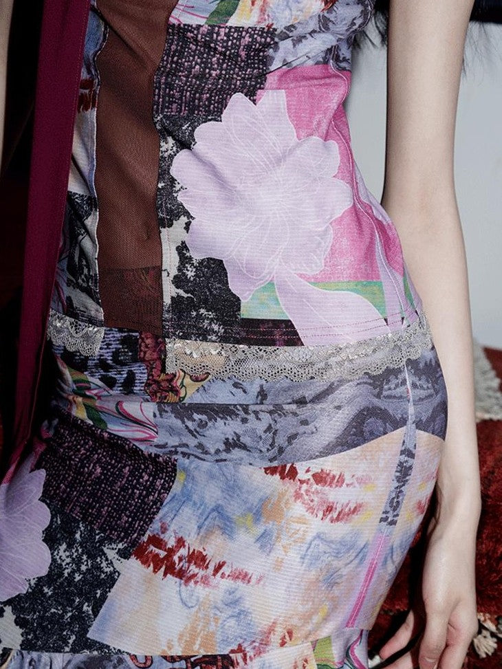badtaste Printed New Chinese Patchwork Vest Women's Matching Skirt Sets