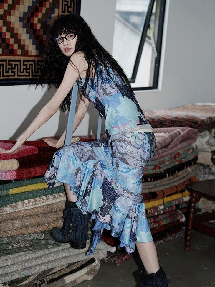 badtaste Printed New Chinese Patchwork Vest Women's Matching Skirt Sets