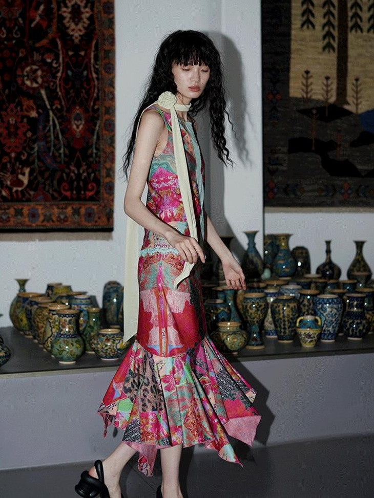 badtaste Printed New Chinese Patchwork Vest Women's Matching Skirt Sets
