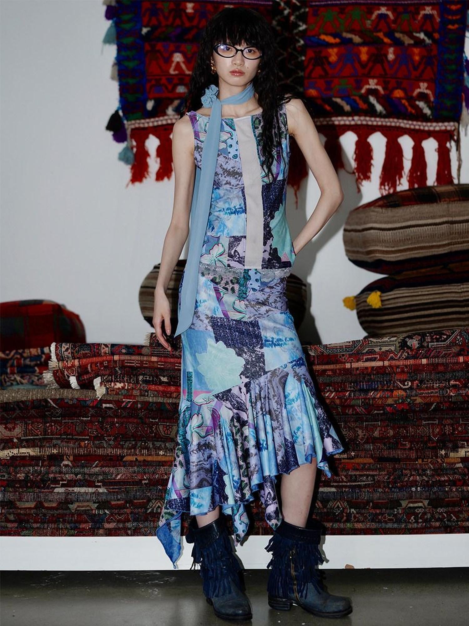 badtaste Printed New Chinese Patchwork Vest Women's Matching Skirt Sets