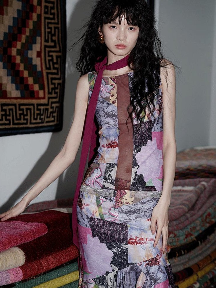 badtaste Printed New Chinese Patchwork Vest Women's Matching Skirt Sets