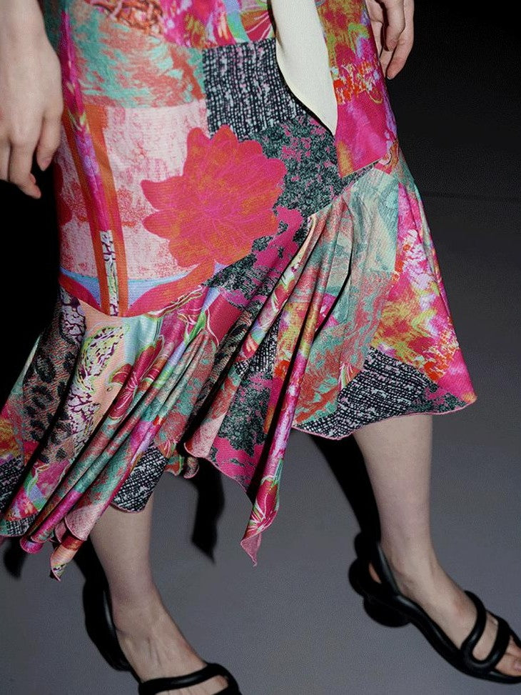 badtaste Printed New Chinese Patchwork Vest Women's Matching Skirt Sets